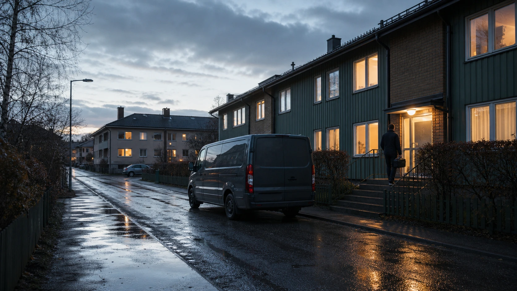 Konceptbild av en anonym servicebil och en person vid ett bostadshus en regnig kväll