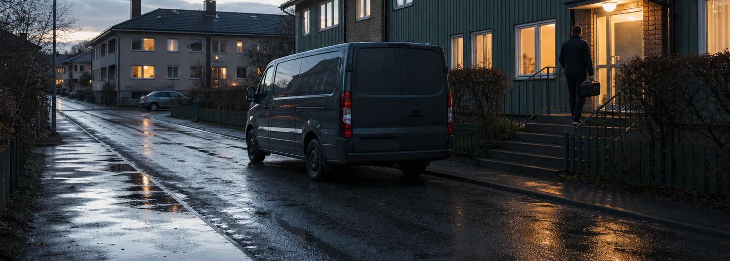 Detalj från konceptbilden: våt gata, anonym servicebil och upplyst entré